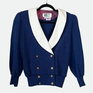 VINTAGE AS NY Navy Blue Double-Breasted Sweater Blazer with White Collar Size 6